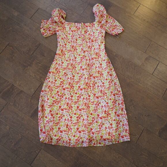 BCBGeneration Fit & Flare Dress Womens 6 Orange Ditsy Floral Puff Short Sleeve - Picture 2 of 12